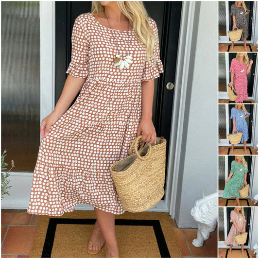 🔥Hot Sale 50% OFF!!💕Round Neck Polka Dot Print Midi Dress🌸