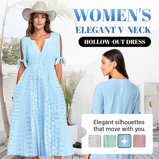 👗 50% OFF NOW! 💃 Women's Elegant V-Neck Hollow-Out Solid Dress✨