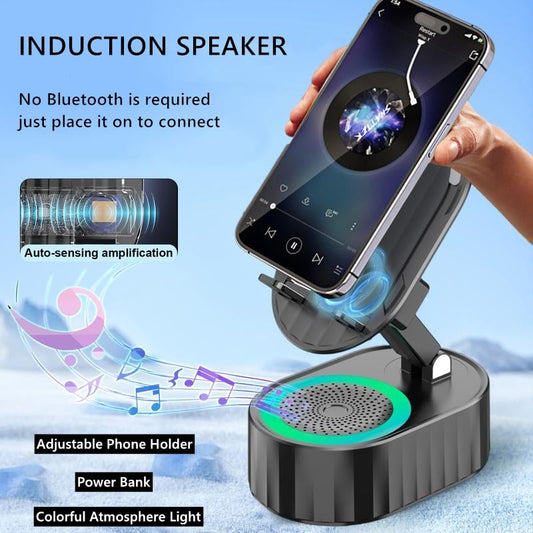 🔥HOT SALE 49%OFF💥2025 Upgraded Cell Phone Stand with Induction Speaker/Power Bank/Atmosphere Light