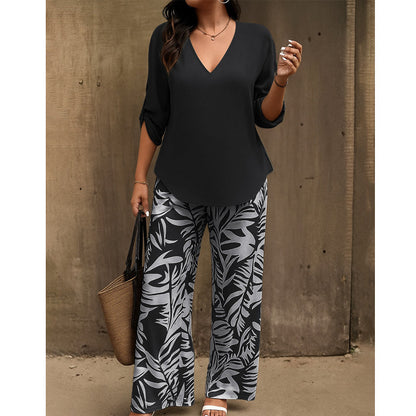 🥳2026 HOT SALE 50% OFF! 💞Women's V-Neck Blouse & Printed Wide-Leg Pants Set