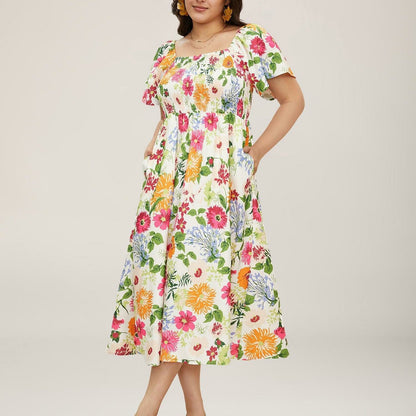 ⏰Summer Hot Sale 50% OFF💃Floral Smocked Square Neck Midi Dress with Pockets