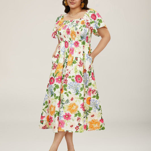 ⏰Summer Hot Sale 50% OFF💃Floral Smocked Square Neck Midi Dress with Pockets