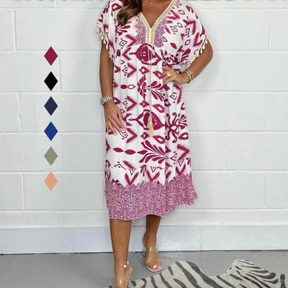 🌈Printed Casual Dress With V-Neckline And Fringes On the Short Sleeves🌈