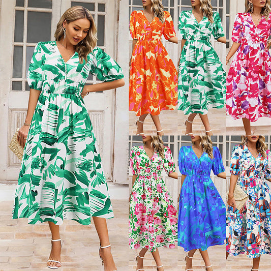 💖Last Day Sale 50% Off💖Women's V-neck Printed Casual Dress