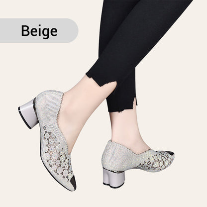 🏆Limited Time Offe🏆Hollow Mesh Sandals with Rhinestone and Chunky Heel