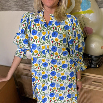 🎉Hot Sale🎉Women's Floral Printed Belted Bubble Sleeve Dress