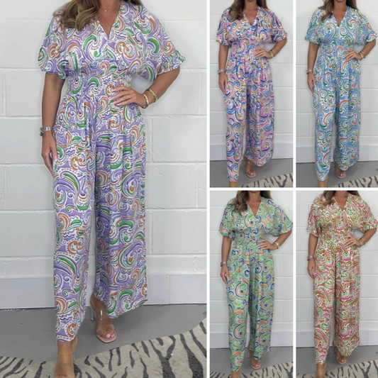 🌸Summer New🌸 Women’s Elegant V-Neck Printed Wide-Leg Jumpsuits