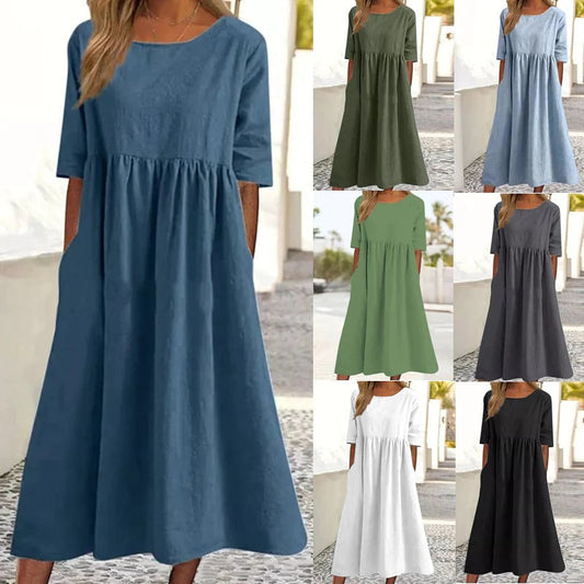 🔥Summer Hot Sale -Round Neck Pocket Halter Cotton Dress