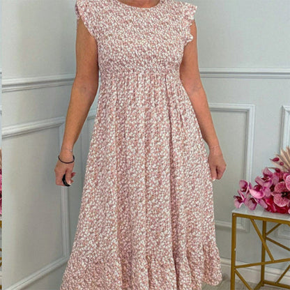 🎉🌷Hot Promotion 50% OFF💃Women's Elegant Floral Print High-Waisted Ruffle Cap Sleeve Dress