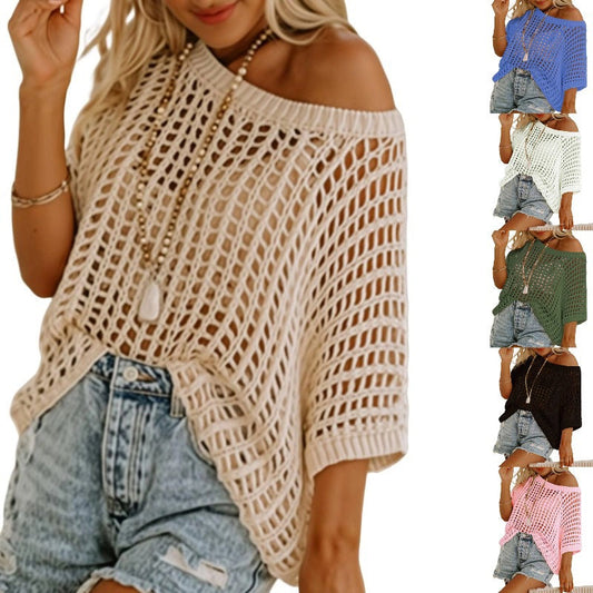 🔥Lsat Day 50% Off🔥⏰Womens Casual Short Sleeve Hollow Out Pullover Knit Tops