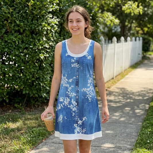 👗Summer Hot Sale 50%OFF☀️Women's Faux Two-Piece Denim Print Dress  ✨