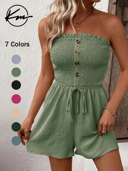 🎉Last Day Promotion 49% OFF💃Women's Fake Buttons Frill Trim Shirred Tie Front Wide Leg Tube Romper